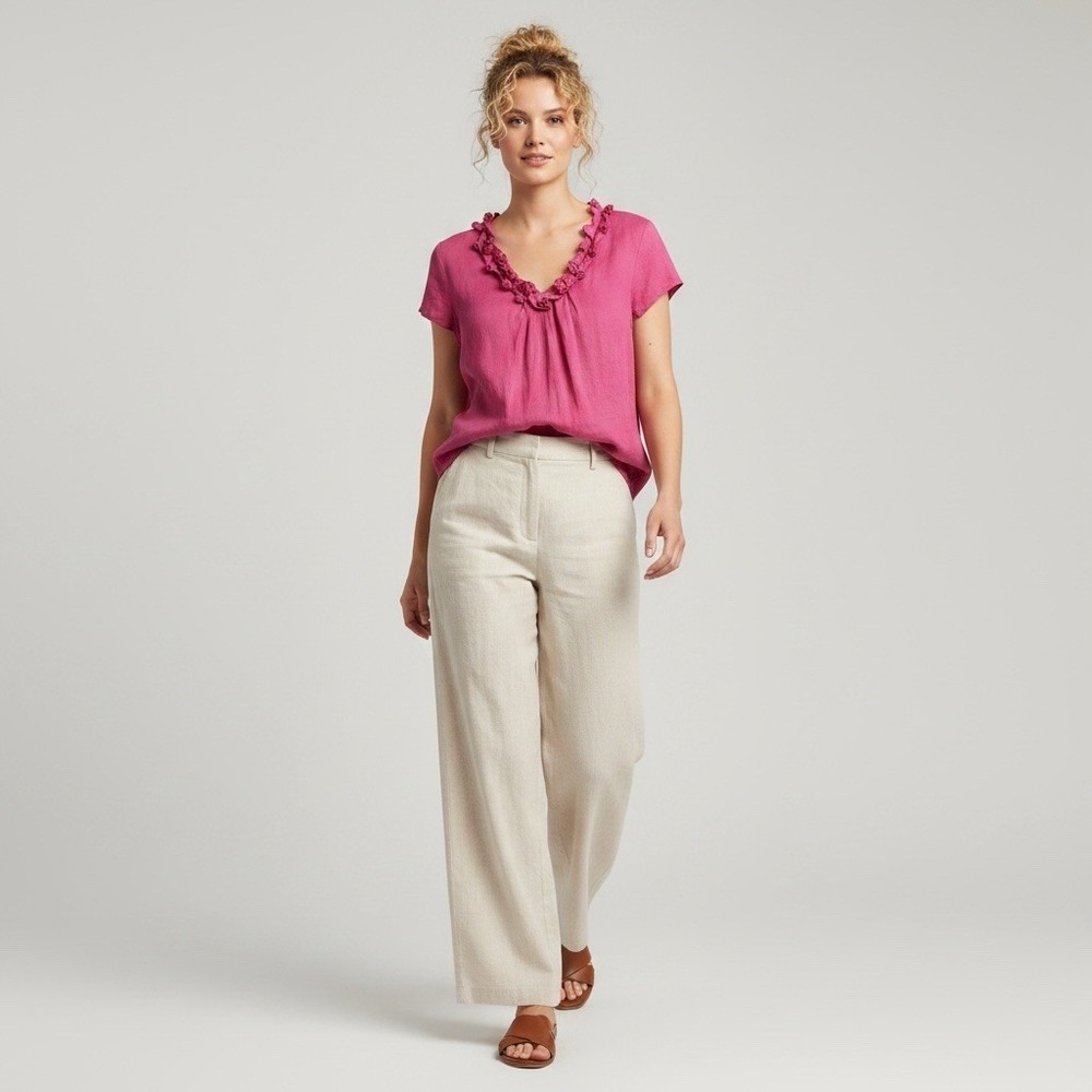 Talbots Silk Blouse Rose Pink Rosette Ruffle Split V-Neck Flutter Sleeve 20W